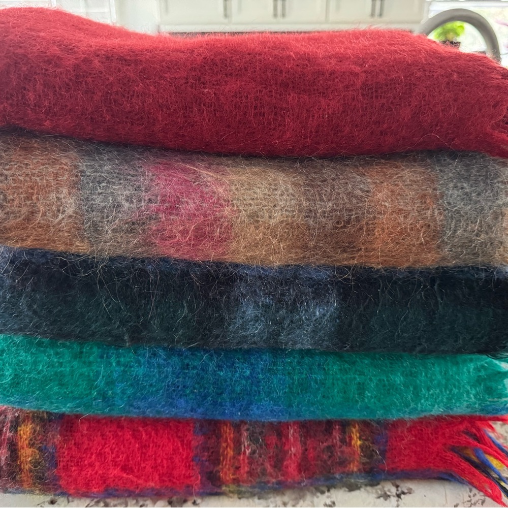 Made in Scotland Mohair and Wool Green and Blue Plaid Blanket - Picture 5 of 6